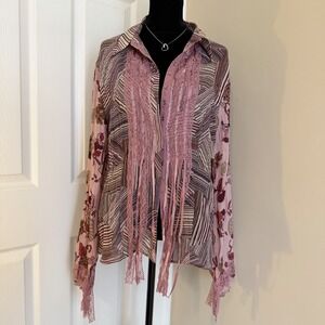 Jaipur Y2K ButtonUp Satin Fairy Crinkle Blouse Top Lace Pink Women XL VTG Whimsy